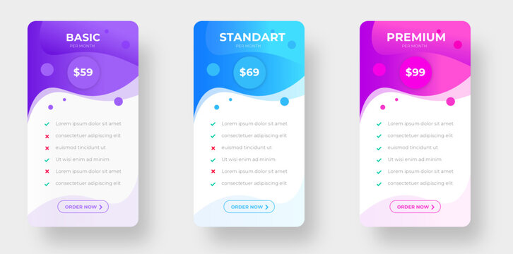 pricing plans table and pricing chart Price list  for web or app. Ui UX pricing design tables with tariffs, subscription features checklist and business plans. Product Comparison business web plans.