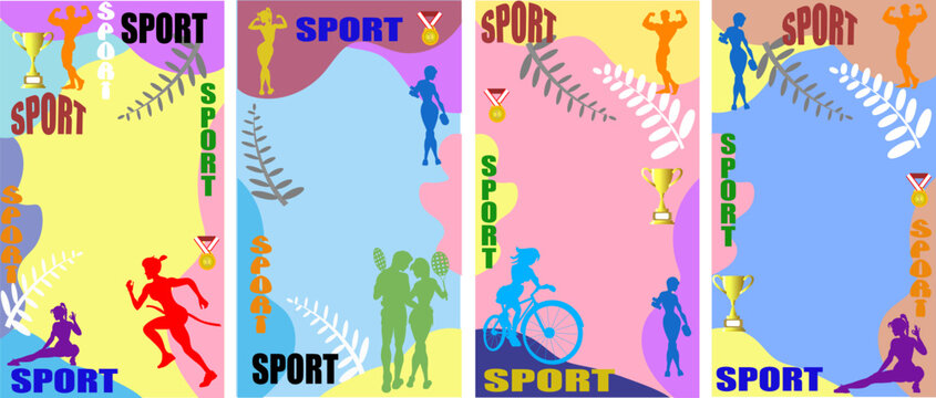 Collection of abstract background images. Sports, awards, victories, medals and cups on a bright background. With space for advertising or title.