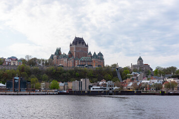 The old Quebec city and the Frontenac castle seen from the ferry between Quebec City and Levis (Quebec City, Quebec, Canada)