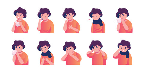 Boy with flu Flat graphic vector illustration isolated on white background