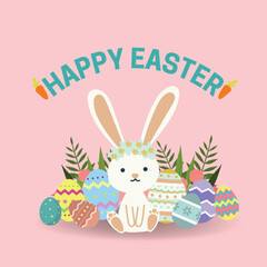 Happy easter day celebration card with colorful egg and bunnies. Vector illustration banner or poster