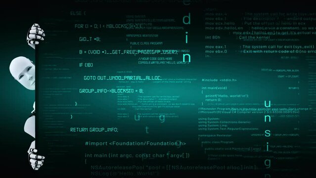Futuristic robot artificial intelligence huminoid AI programming coding technology development and machine learning concept. Robotic bionic science research for future of human life. 3D rendering.