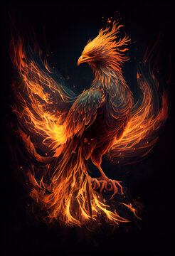 Burning bird phoenix on black background. AI generated