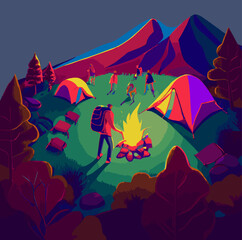 Atmospheric Vector Illustration of a group in a summer camp, children, campfire, pathfinder, tent, night, adventure, national park