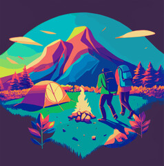 Colorful Vector Illustration of a couple or friends camping in nature, campfire, tent, backpacker, trip, summer adventure, two people