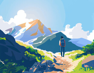 Modern Colorful Vector Illustration of a person enjoying the beautiful view in the mountains, vacation, backpacking, adventure, nature, summer trip, hiking, trekking, climbing