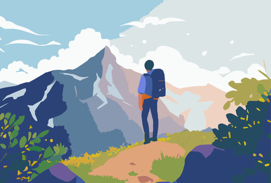 Graphical Vector Illustration of a hiker in the mountains enjoying the view, sight, platform, nature, backpacker, trip, summer, vacation, trek