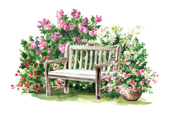Garden bench among ornamental shrubs and flowers. Landscape design. Hand drawn watercolor illustration,  isolated  on white background