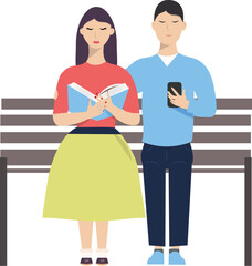 Couple is sitting   on a bench with book and phone