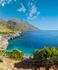 Kussenhoes Paradise sea bay with azure water and beach view from coastline trail of Zingaro Nature Reserve Park, between San Vito lo Capo and Scopello, Trapani province, Sicily, Italy. © wildman