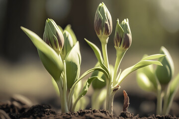 Close-up, ground-level macro view of new tulips growing in the garden, announcing spring - Generative Ai