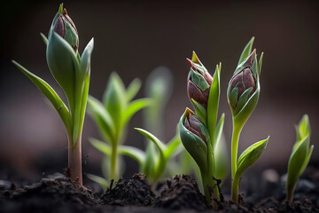 Close-up, ground-level macro view of new tulips growing in the garden, announcing spring - Generative Ai