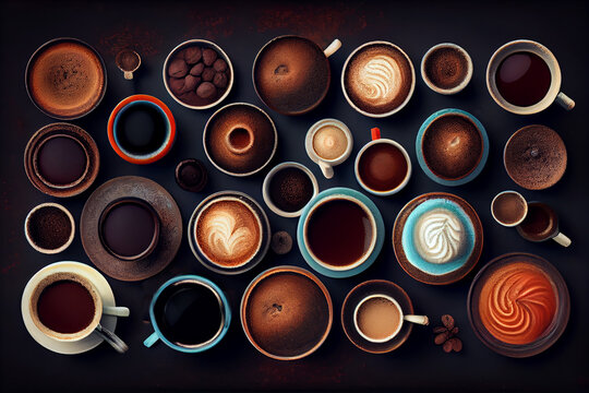 Top view of various coffee mugs and cups with different types of coffee. Generative Ai.