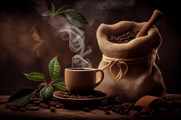 Advertising Illustration. Cup of coffee with smoke and coffee beans in burlap sack on coffee tree branch background. Generative ai.