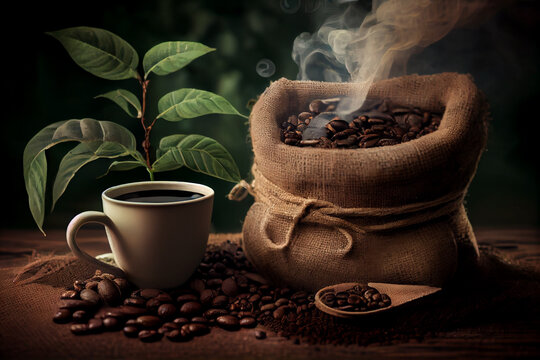 Advertising Illustration. Cup of coffee with smoke and coffee beans in burlap sack on coffee tree branch background. Generative ai.