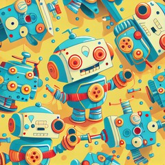 Cartoon robots and parts on yellow background