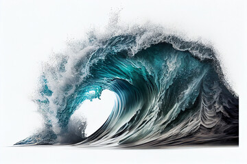 Tropical blue surfing wave. Generative Ai. No people. Beautiful deep blue tube wave in the Ocean. Isolated on white background.