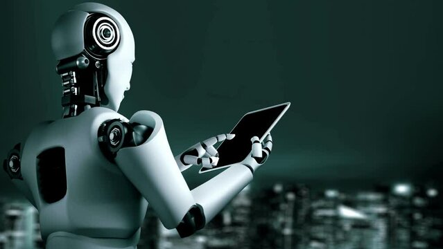 Futuristic robot artificial intelligence huminoid AI programming coding technology development and machine learning concept. Robotic bionic science research for future of human life. 3D rendering.