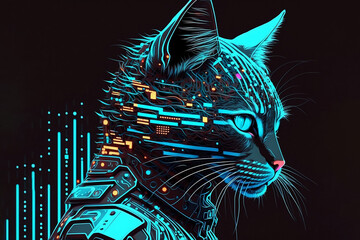 Neon cyber cat on black background, digital art, futuristic character, cyberpunk style. Robotic hacker, image is AI generated. Future technologies.