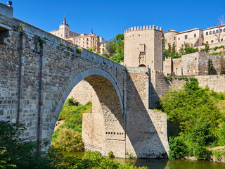 Alcantara bridge, a stone roman arch bridge over Tagus river. Declared national cultural monument,...