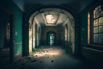 Long corridor of an abandoned madhouse. Generative AI