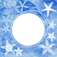 Fototapeta na wymiar Art sea background. Frame with rope, starfish and place for text on blue watercolor background. Hand drawn vector illustration. Template design for text, packaging and prints.