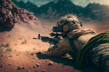 Back view of soldier sniper lying on the ground. Generative AI