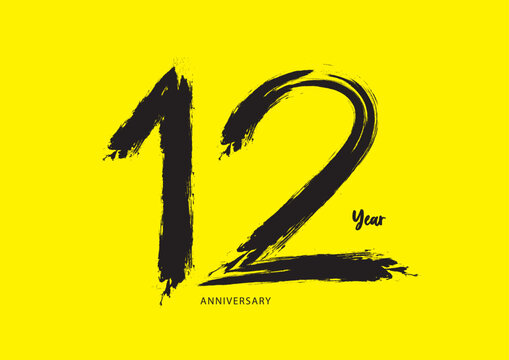 12 year anniversary celebration logotype on yellow background, 12 number design, 12th Birthday invitation, anniversary logo template, logo number design vector, calligraphy font, typography logo