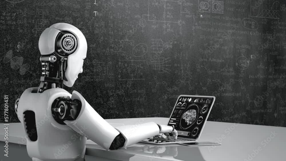 Poster robot hominoid use laptop and sit at table for engineering science studying using ai thinking brain 