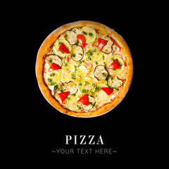 Italian uncut vegetable pizza with zucchini, mozzarella cheese, aubergine, bell pepper, pesto sauce isolated on black background with text and copy space
