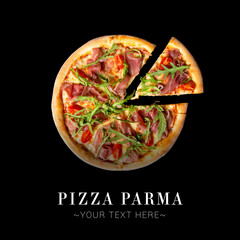 Directly above of traditional Italian meat pizza with Parma ham, Hamon, tomatoes, fresh arugula leaves isolated on black background with text and copy space. Slice of pizza near whole dish
