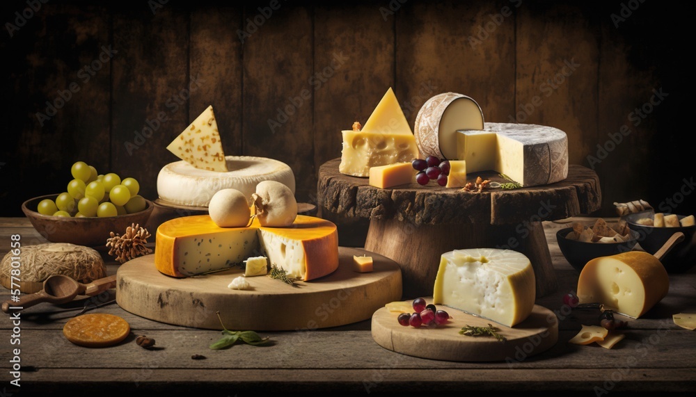 Sticker a variety of cheeses are displayed on a wooden table with other cheeses and cheeses on it, including