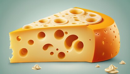  a piece of cheese with holes and holes on the side of it, on a blue background, with a few other pieces scattered around it.  generative ai
