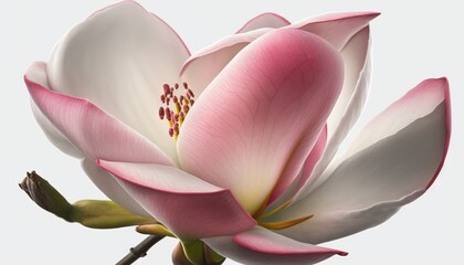  a pink and white flower is blooming on a branch with buds on it's end and a bud in the center of the flower.  generative ai