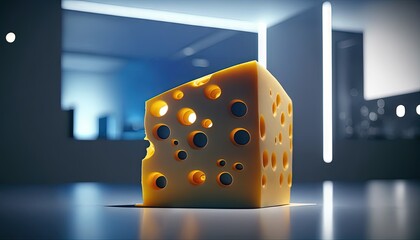  a piece of cheese sitting on top of a table next to a wall and a doorway in a building with a light coming through it.  generative ai