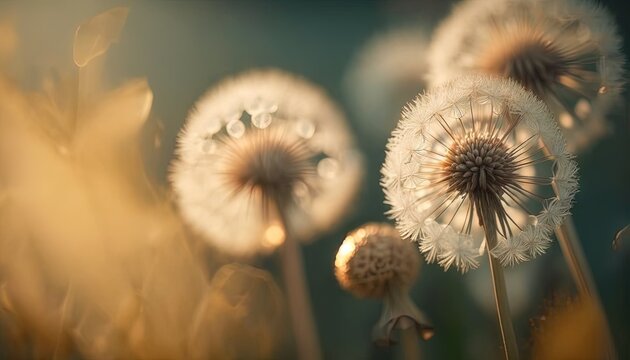  a group of dandelions blowing in the wind with a blurry back ground and a blue sky in the back ground and a blurry back ground.  generative ai