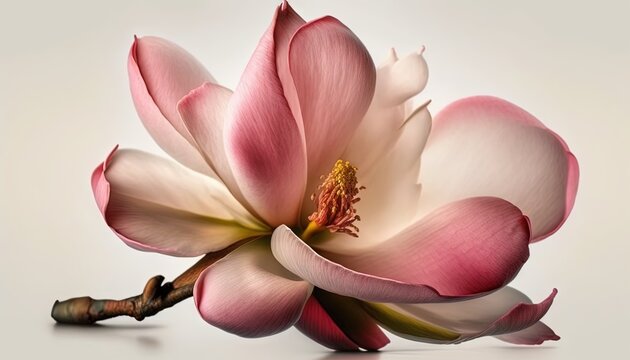  a pink flower with a white background is featured in this image, it is a close up view of the petals and the budding of the flower.  generative ai