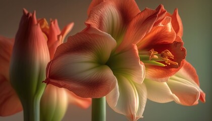  a close up of two flowers in a vase with a green stem and a red flower in the middle of the picture, with a light green stem in the background.  generative ai