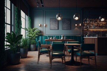 Beautiful interior of modern restaurant. Generative AI
