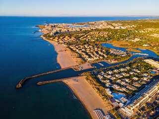 Aerial view of Cap d'Agde a seaside resort and naturist village on France's Mediterranean coast, Europe