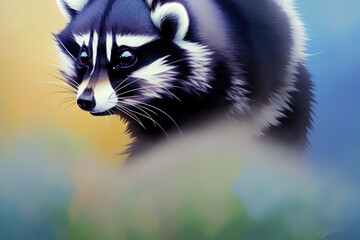 Colorful magic cute raccoon, cartoon style painting. Generative ai art illustration