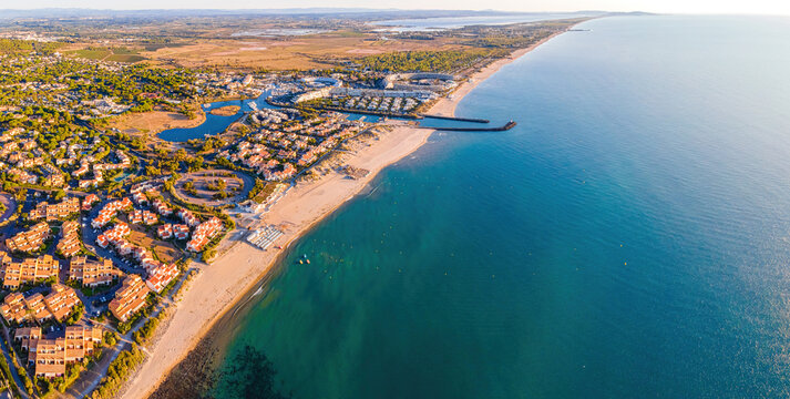Aerial view of Cap d'Agde a seaside resort and naturist village on France's Mediterranean coast, Europe