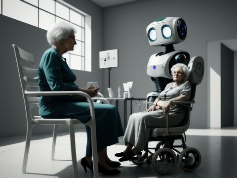 Future of geriatric care with robots in retirement home. AI generated, human enhanced. Background