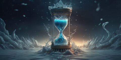 Frozen Hourglass on the Frozen Sea, Illustration. Generative AI.