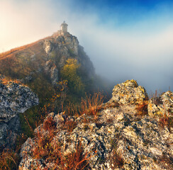 fog in the canyon. Autumn morning in the Dnister river valley. Nature of Ukraine