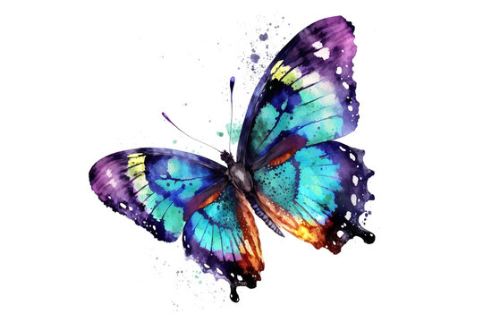 beautiful flying butterfly painted with watercolors isolated on a white background. Generative AI