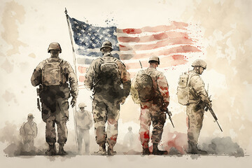 a group of soldiers standing in front of an american flag, us soldiers, military art, Memorial day , art illustration 