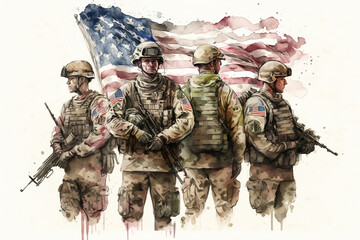a group of soldiers standing in front of an american flag, us soldiers, military art, Memorial day , art illustration 