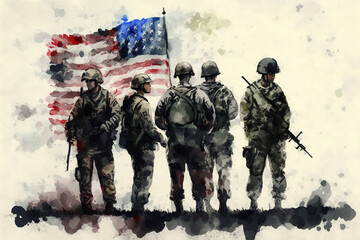a group of soldiers standing in front of an american flag, us soldiers, military art, Memorial day , art illustration 