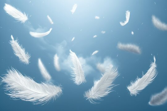 Fototapeta White feathers floating in the air. AI generated, human enhanced.